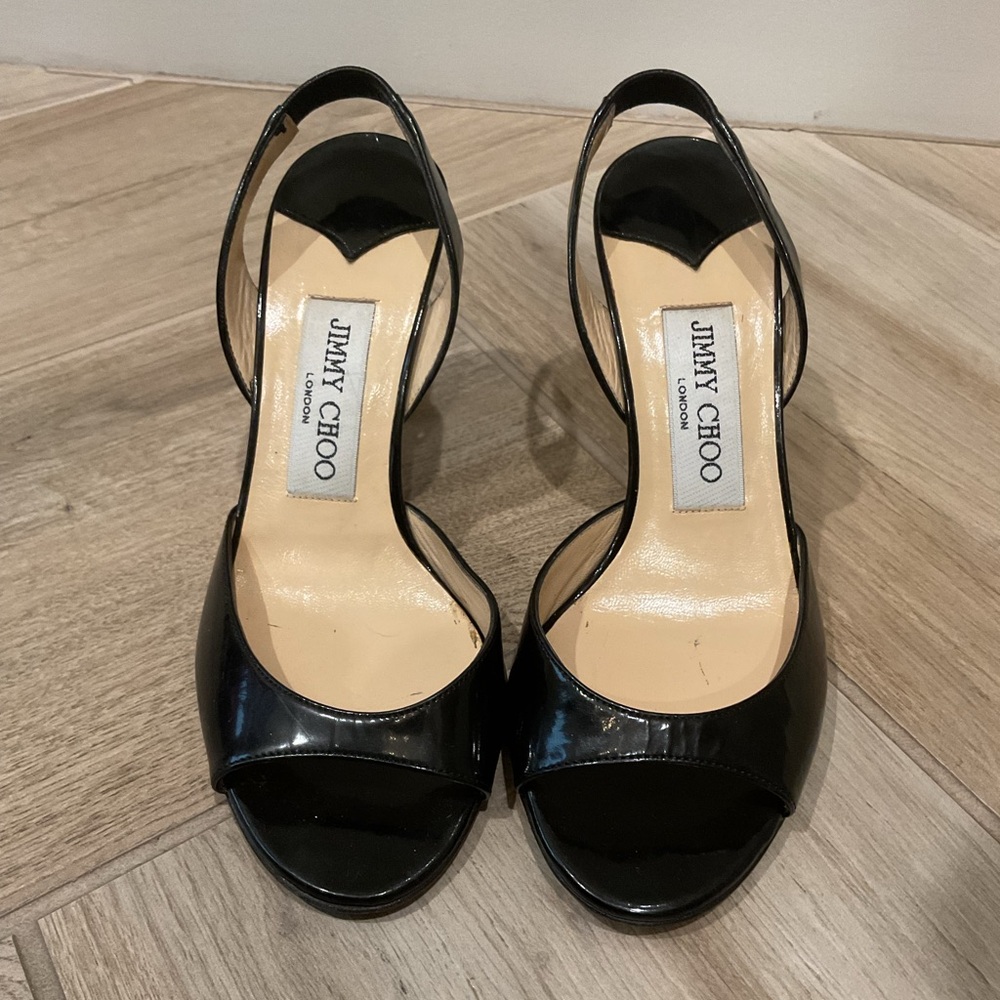 Jimmy Choo Black Patent Leather Heels gold tone accented heel size 35 strappy